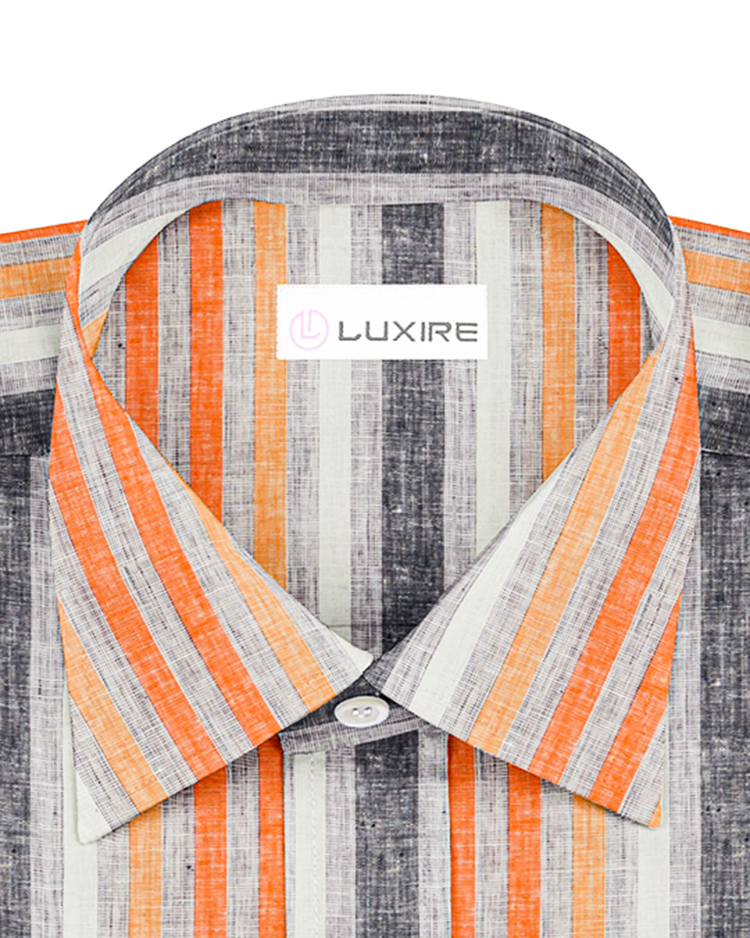 Collar of custom linen shirt for men in orange red white stripes