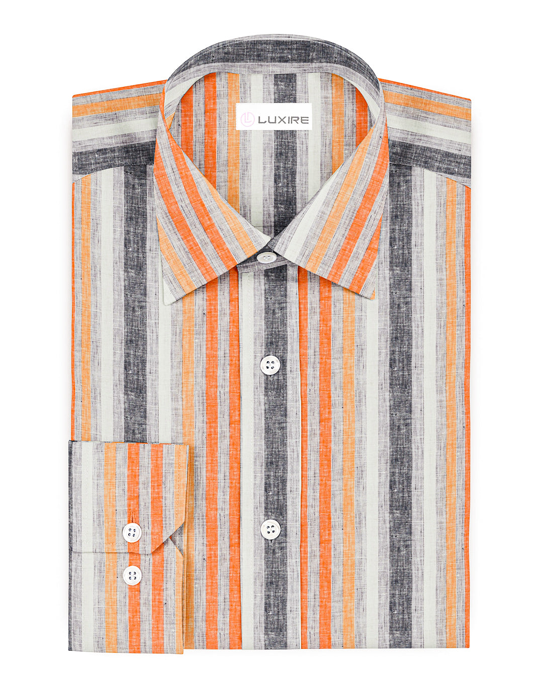Front view of custom linen shirt for men in orange red white stripes
