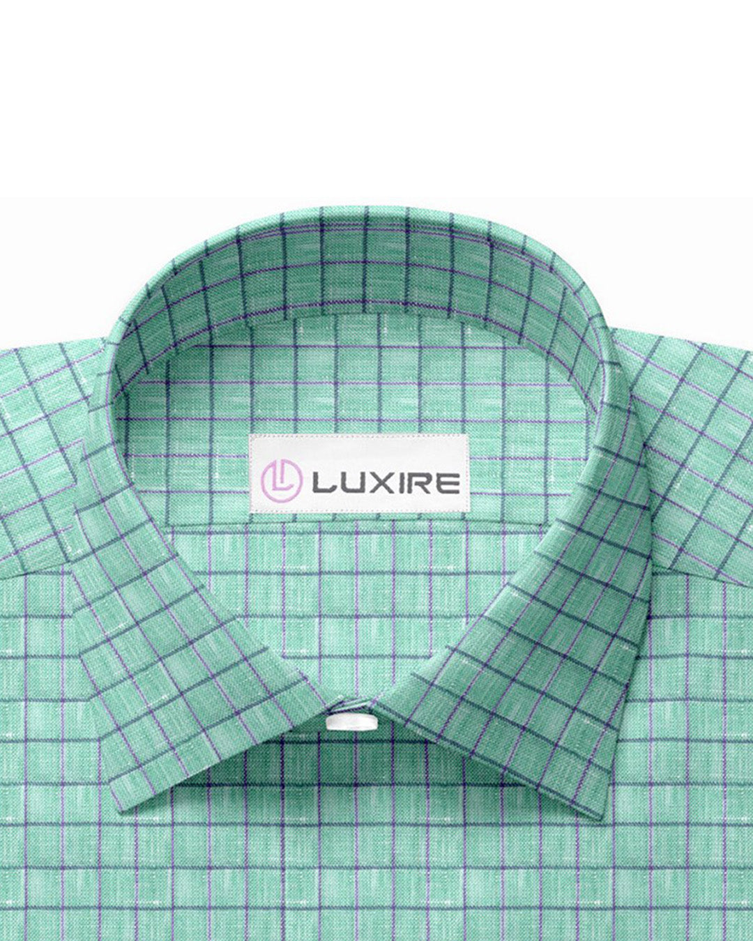 Collar of custom linen shirt for men in persian green with pink stripes