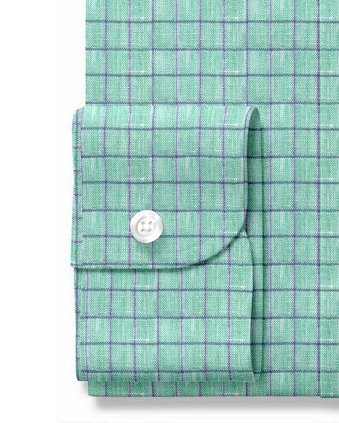Cuff of custom linen shirt for men in persian green with pink stripes