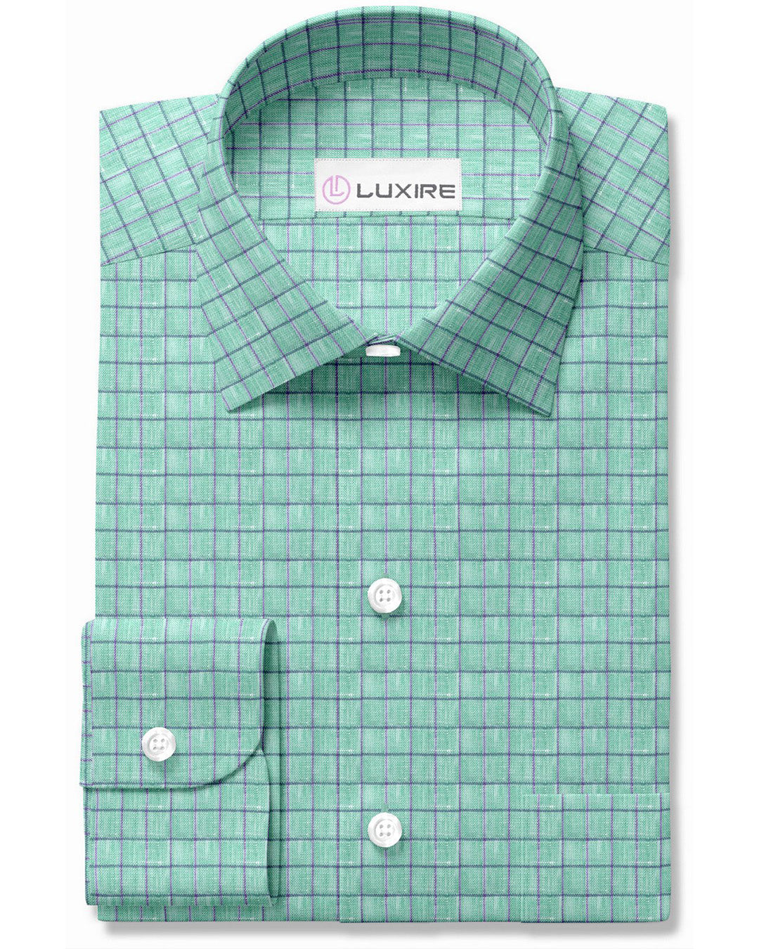 Front view of custom linen shirt for men in persian green with pink stripes