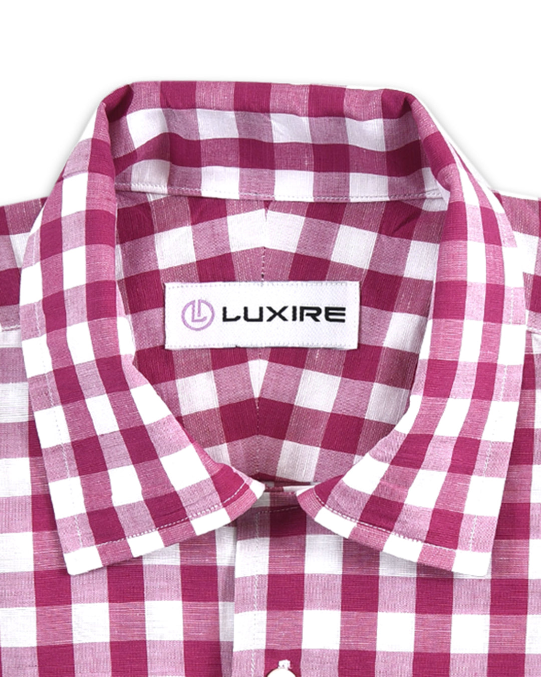 Front view of custom linen shirt for men by Luxire in pink and white gingham 2
