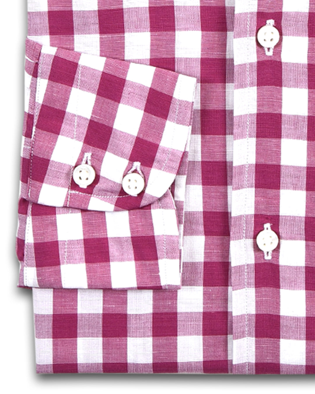 Cuff of custom linen shirt for men by Luxire in pink and white gingham