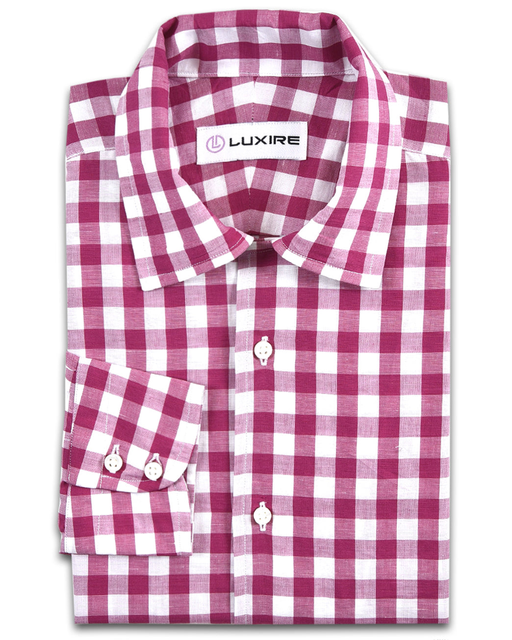 Front view of custom linen shirt for men by Luxire in pink and white gingham