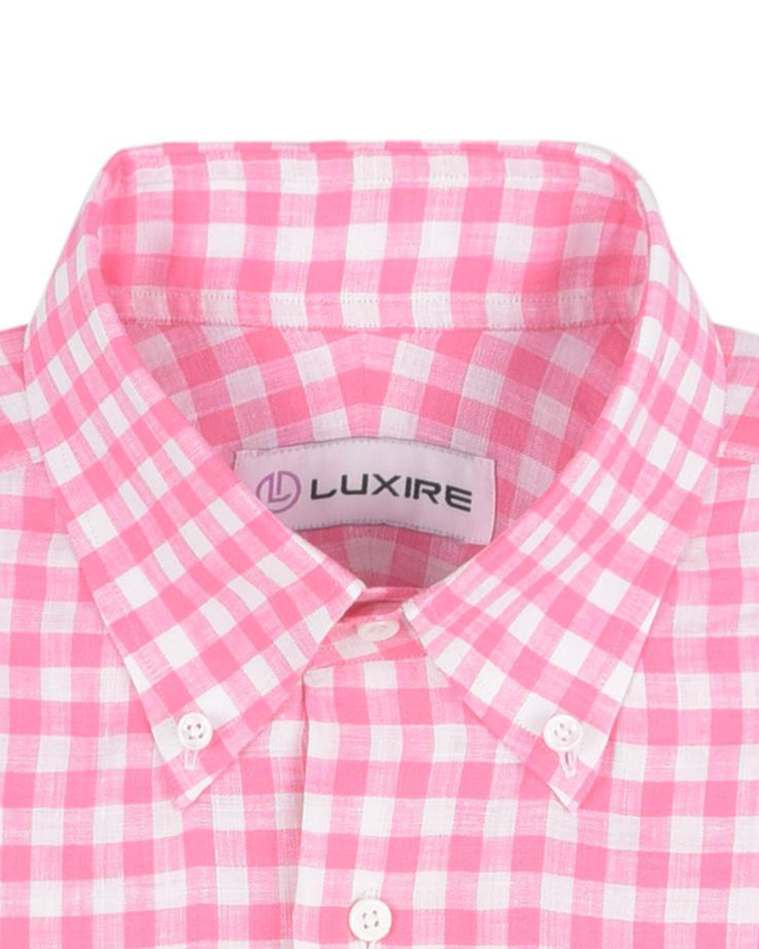 Collar of the custom linen shirt for men in pink gingham by Luxire Clothing