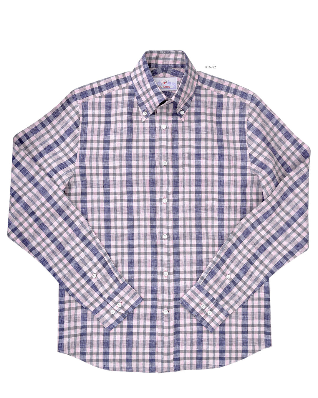 Front view of custom linen shirt for men by Luxire in pink and navy checkered