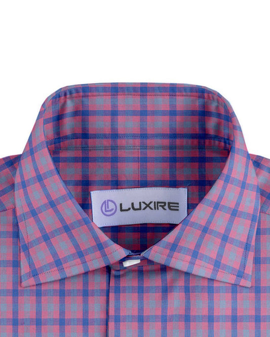 Collar of the custom linen shirt for men in pink and blue gingham by Luxire Clothing