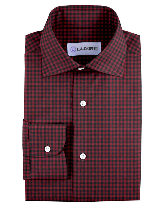 Front of custom linen shirt for men in red and black checks by Luxire Clothing