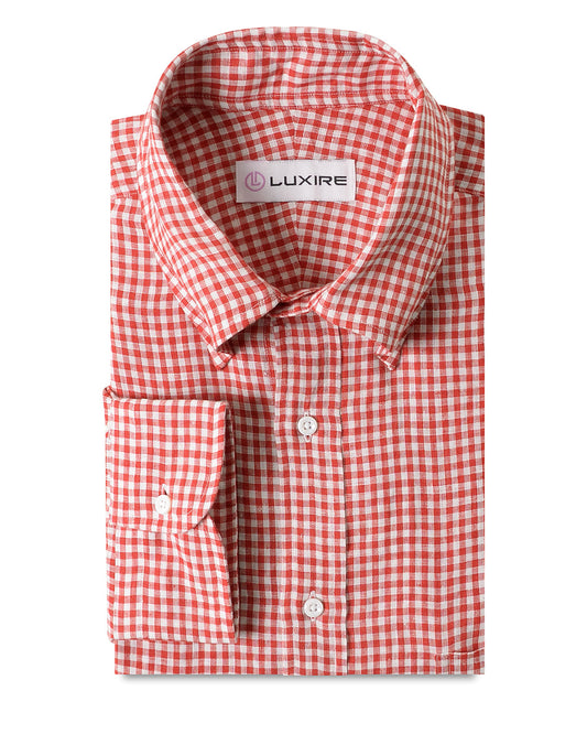 Front of the custom linen shirt for men in red and white gingham checks by Luxire Clothing