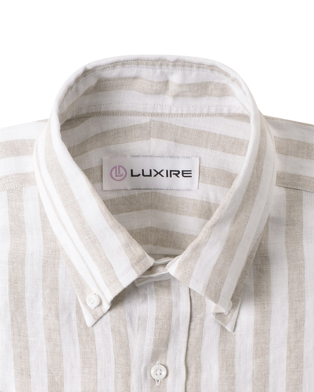 Collar of the custom linen shirt for men in white with sand stripes by Luxire Clothing