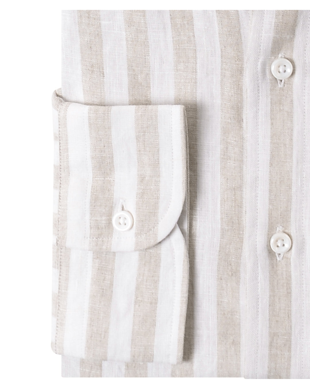 Cuff of the custom linen shirt for men in white with sand stripes by Luxire Clothing