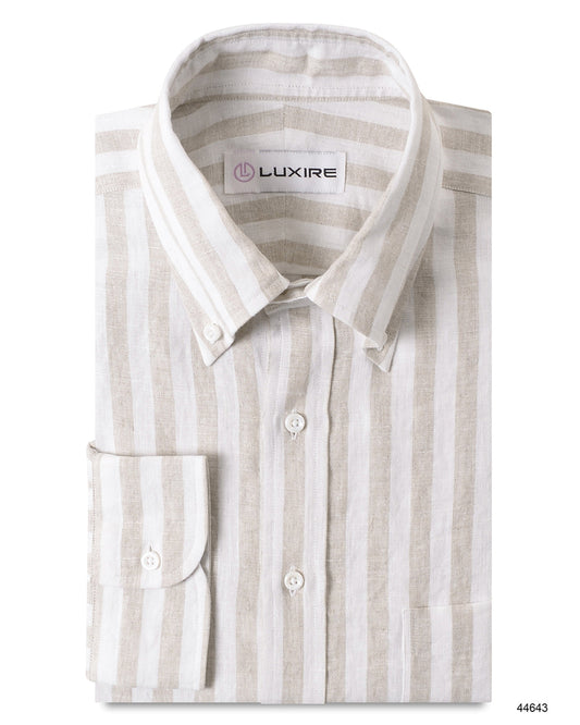 Front of the custom linen shirt for men in white with sand stripes by Luxire Clothing