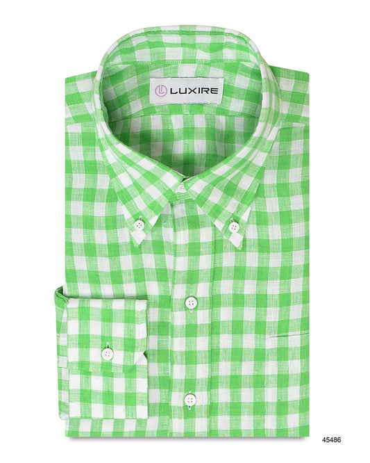 Front of custom linen shirt for men in green and white gingham by Luxire Clothing