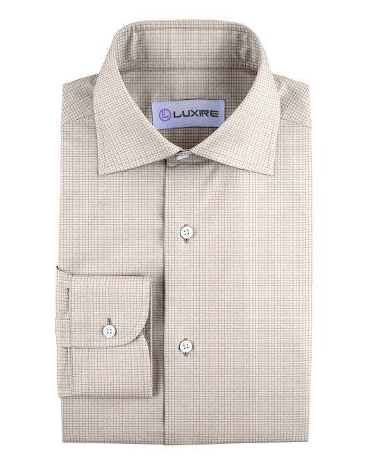 Front of the custom linen shirt for men in tan and cream by Luxire Clothing