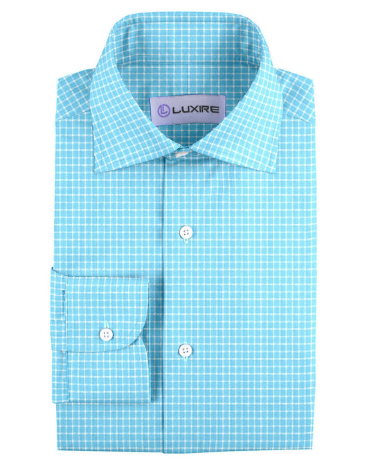 Front of the custom linen shirt for men in teal and blue checks by Luxire Clothing