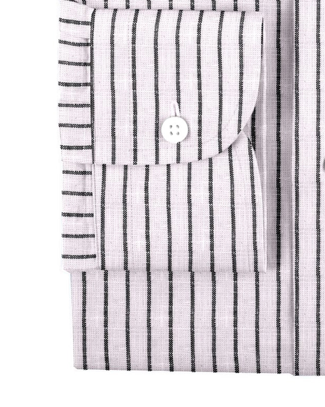 Cuff of the custom linen shirt for men in white and black pinstripes by Luxire Clothing