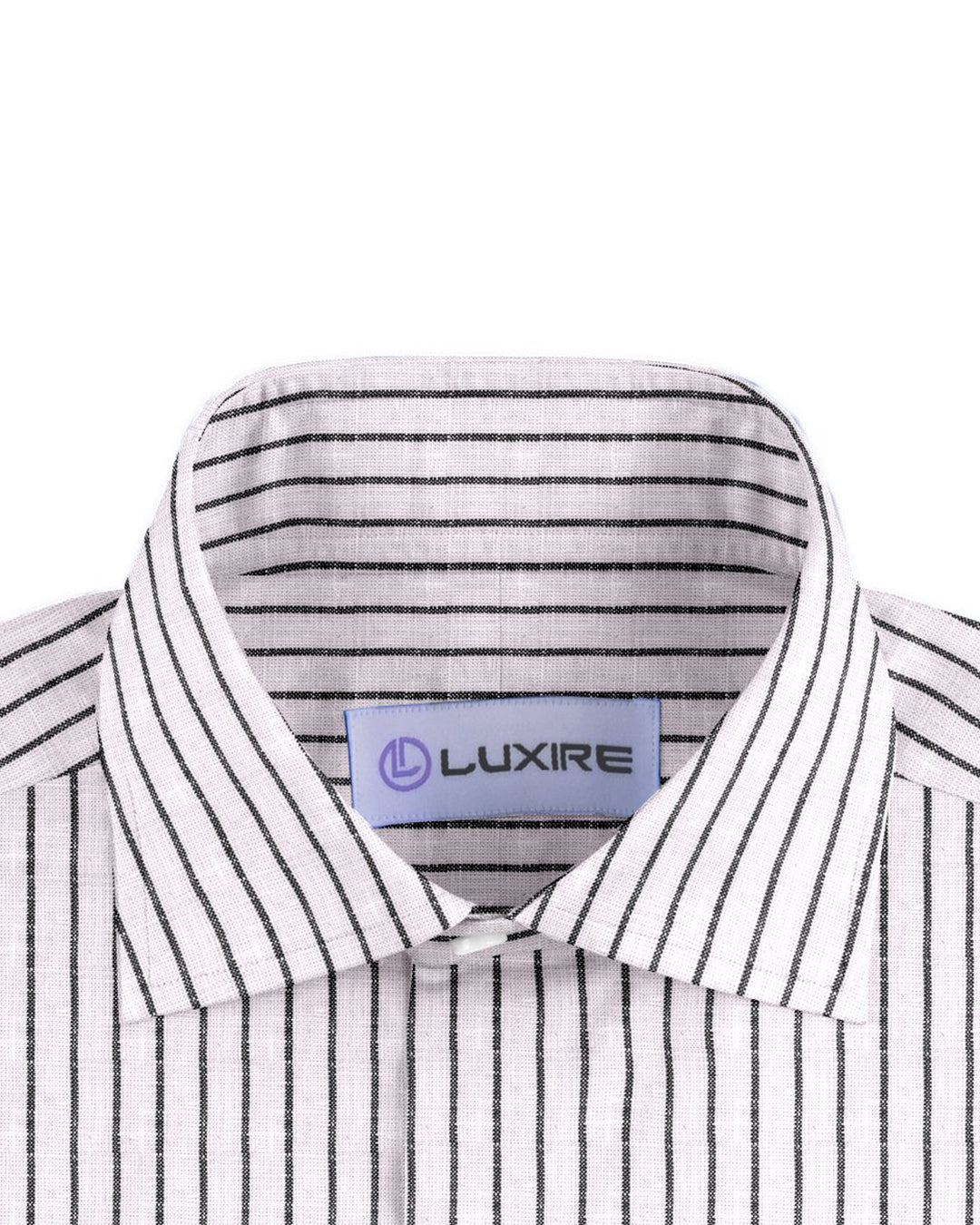 Collar of the custom linen shirt for men in white and black pinstripes by Luxire Clothing