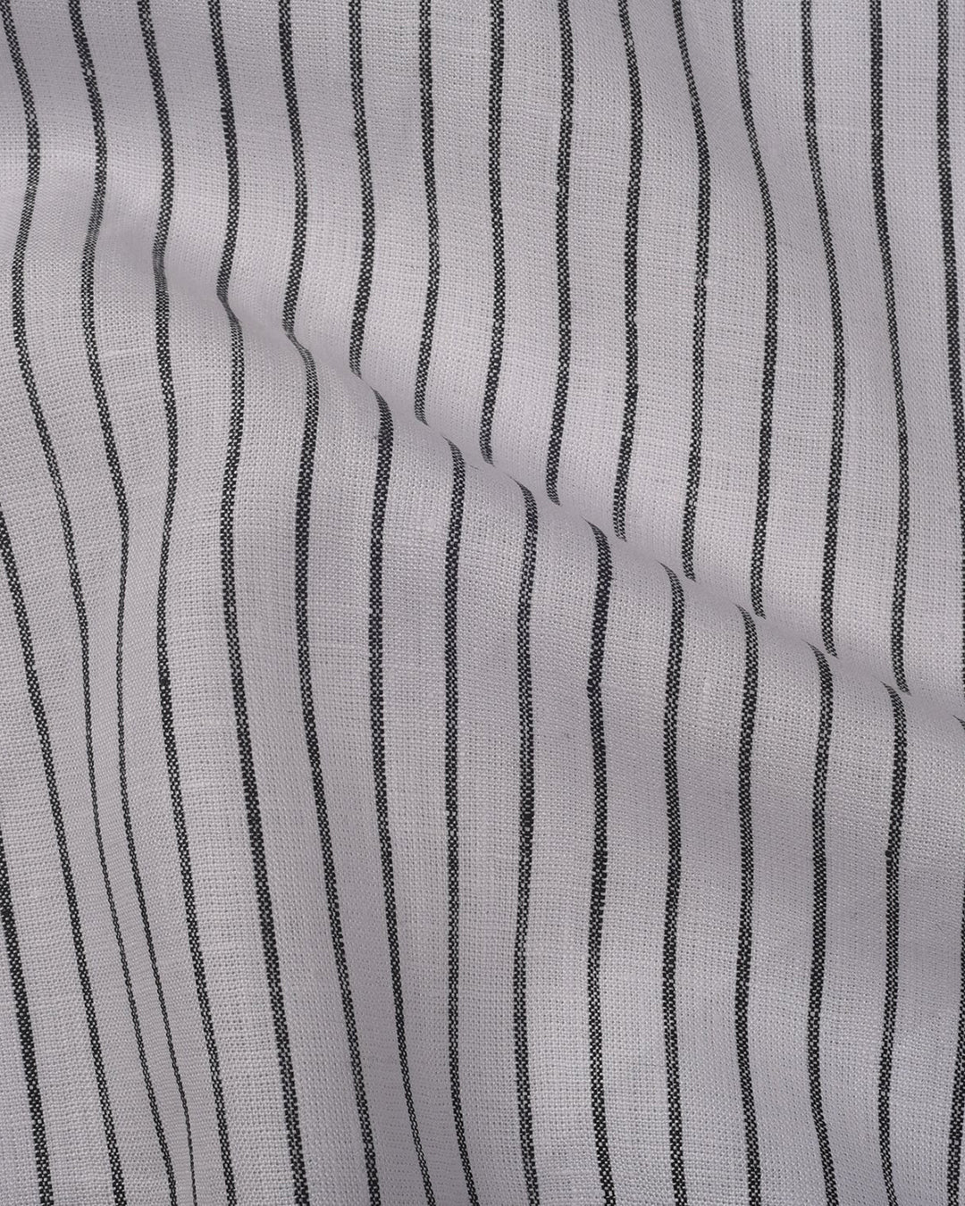 Close up of the custom linen shirt for men in white and black pinstripes by Luxire Clothing