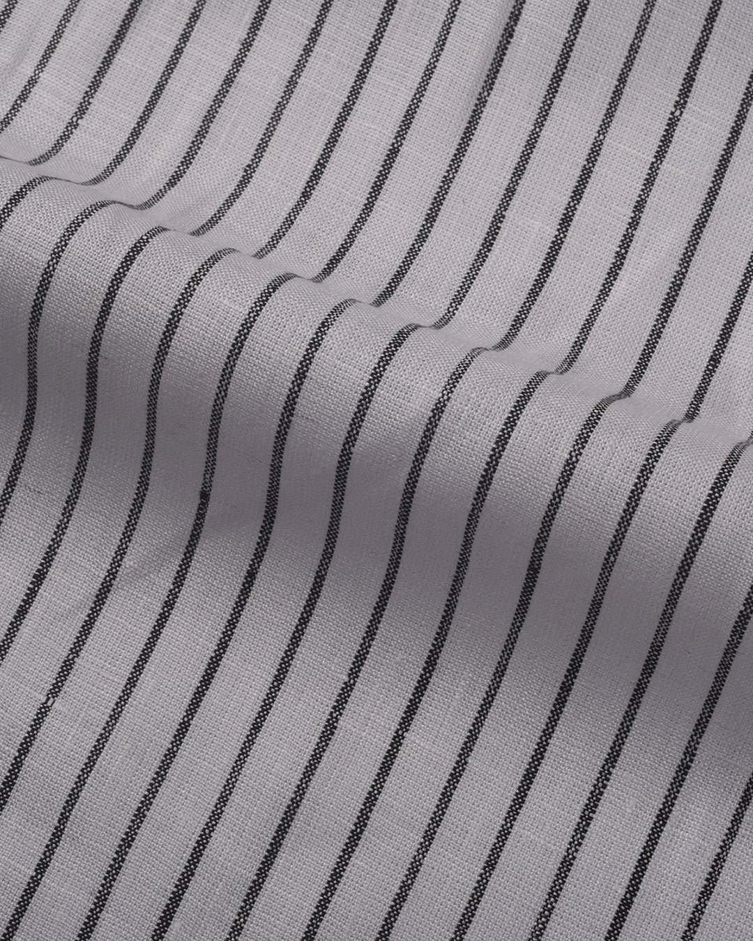 Close up of the custom linen shirt for men in white and black pinstripes by Luxire Clothing 2