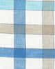 Close up view of custom linen shirt for men in white blue ecru checks