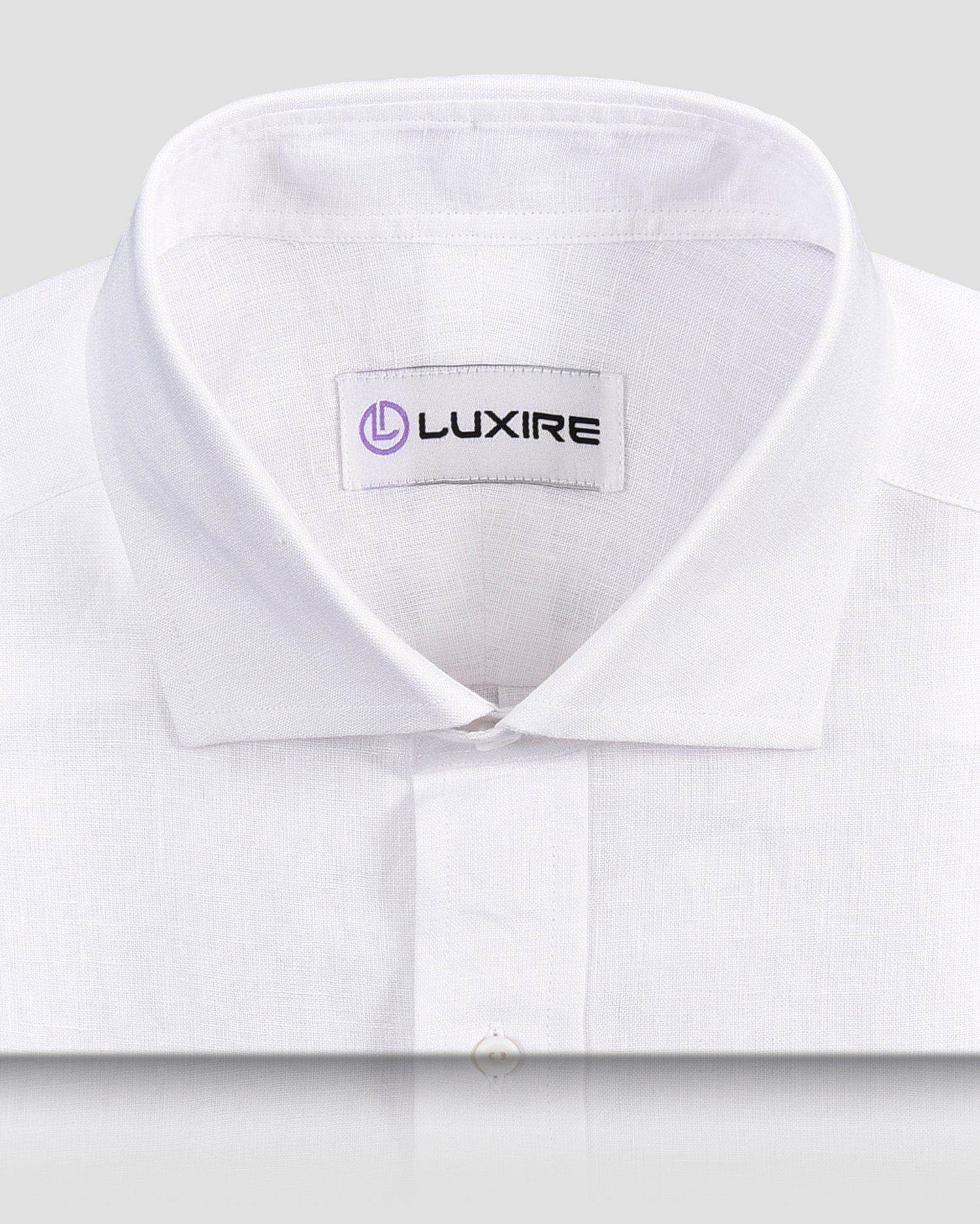 Front close up view of custom linen shirt for men by Luxire in white
