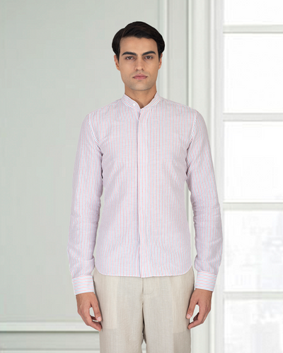 Cotton Linen: Red Blue Alternate stripes On White Shirt