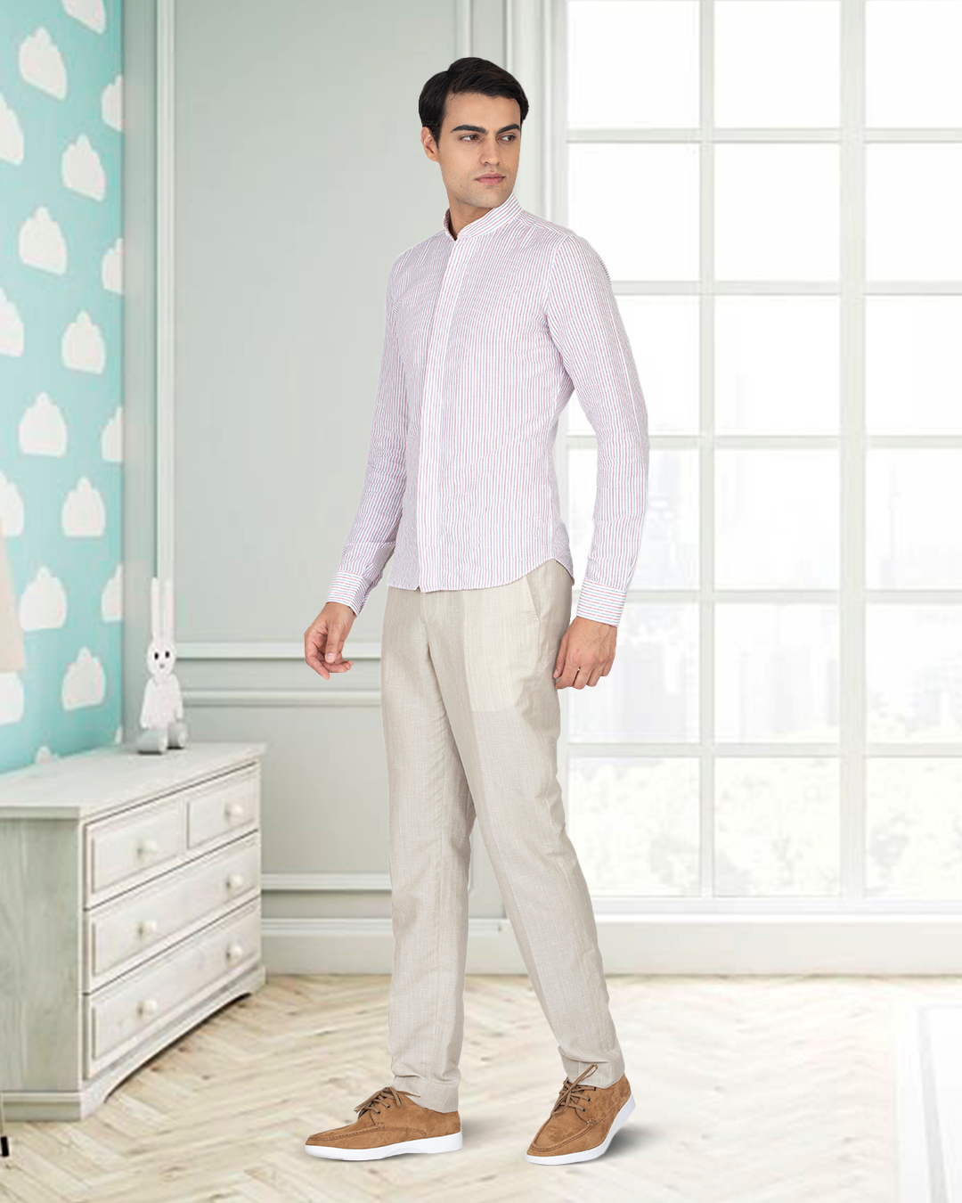 Cotton Linen: Red Blue Alternate stripes On White Shirt - 6