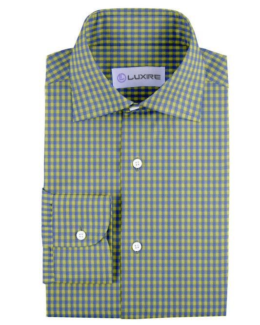 Front view of custom linen shirt for men in yellow and blue gingham