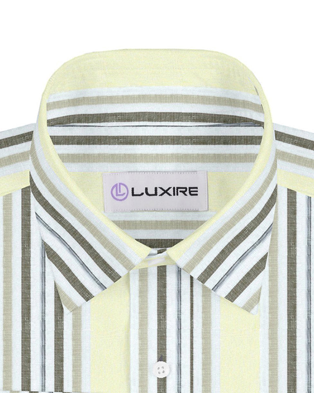 Front close up view of custom linen shirt for men by Luxire in pale yellow and brown