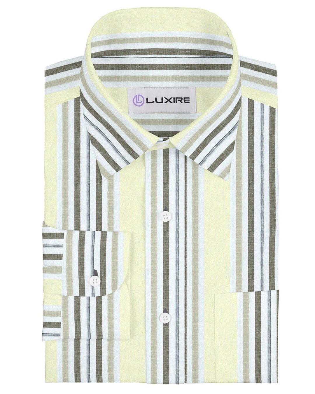 Front view of custom linen shirt for men by Luxire in pale yellow and brown