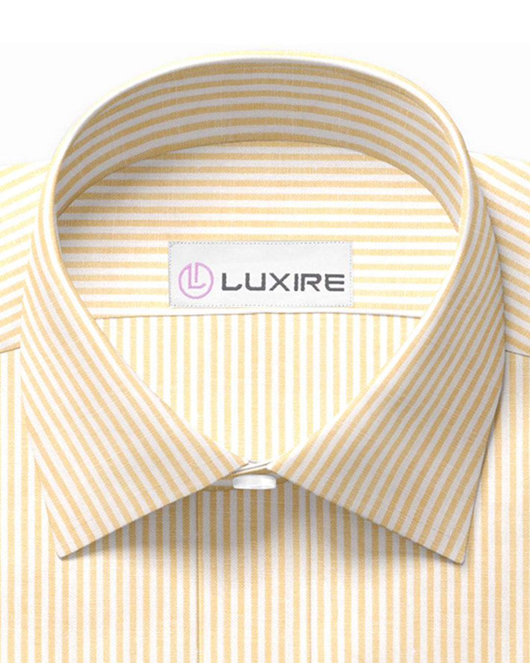 Collar of the custom linen shirt for men in yellow candystripes by Luxire Clothing