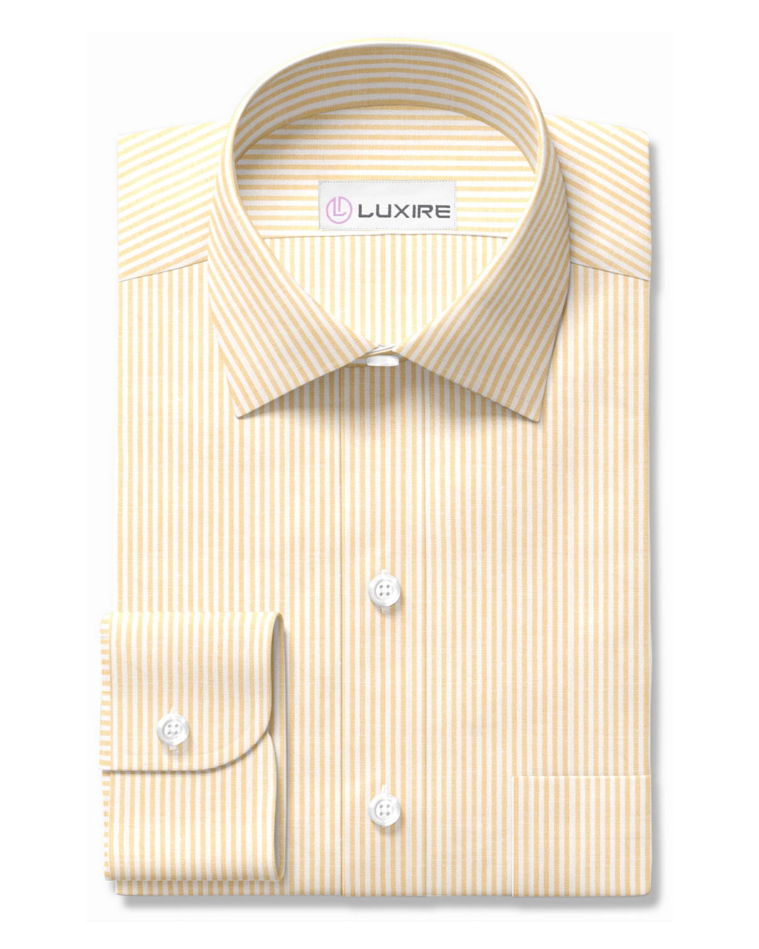 Front of the custom linen shirt for men in yellow candystripes by Luxire Clothing