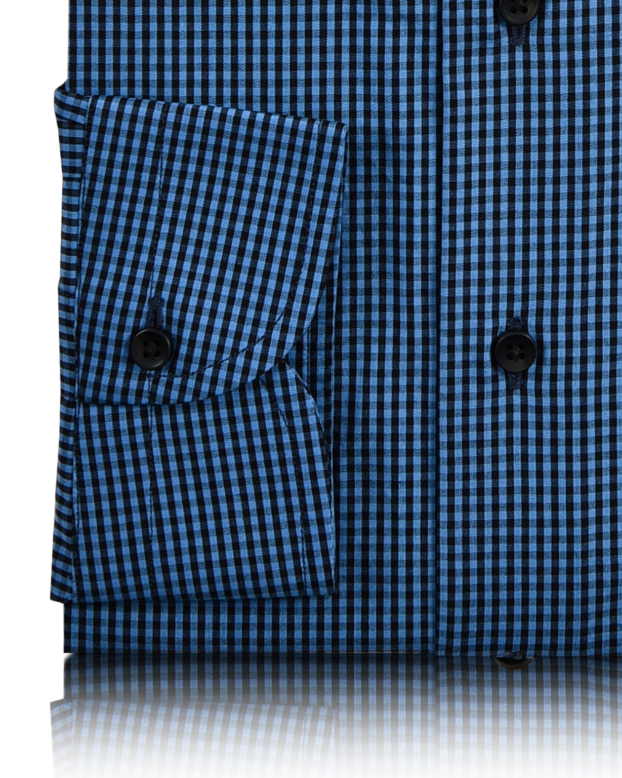 Close up view of custom check shirts for men by Luxire black and blue micro gingham