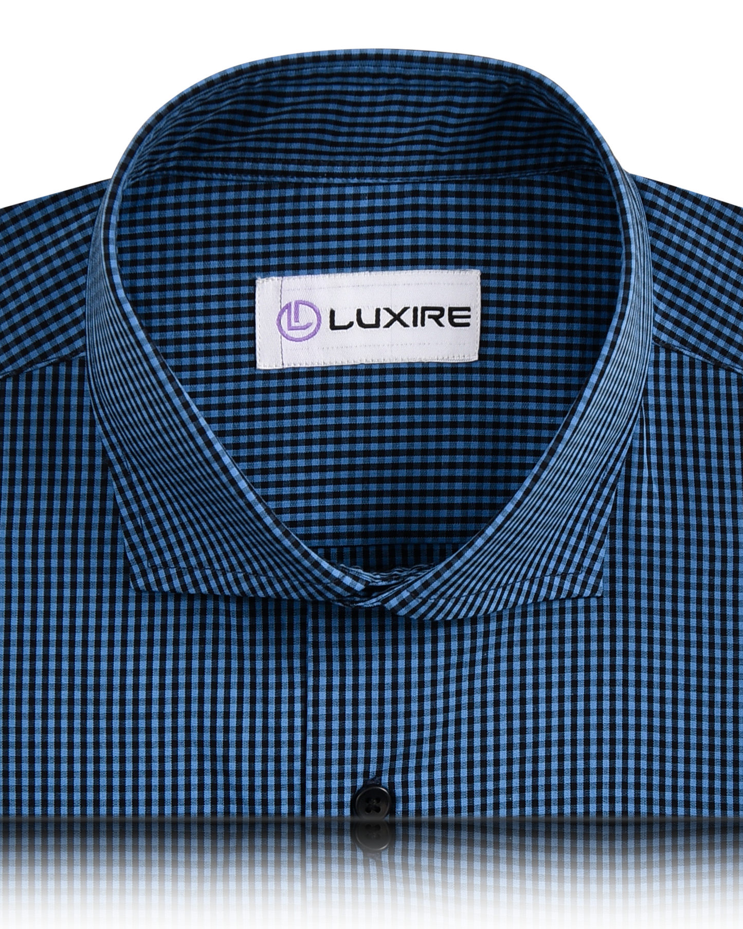 Front close view of custom check shirts for men by Luxire black and blue micro gingham