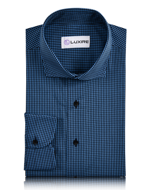 Front view of custom check shirts for men by Luxire black and blue micro gingham