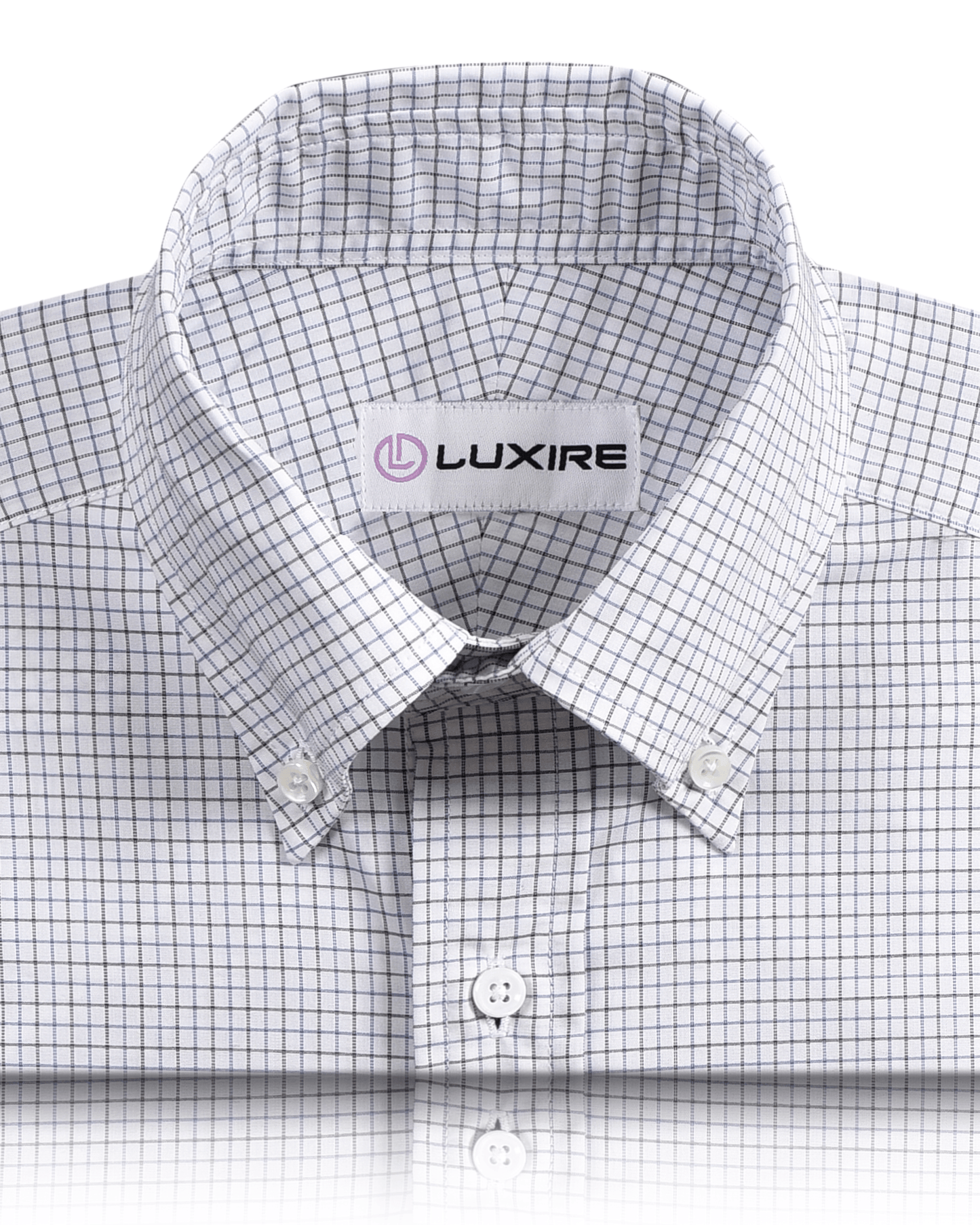 Front close view of custom check shirts for men by Luxire blue and black tattersall checks