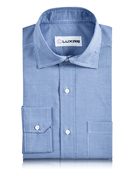 Front view of custom check shirts for men by Luxire blue micro gingham