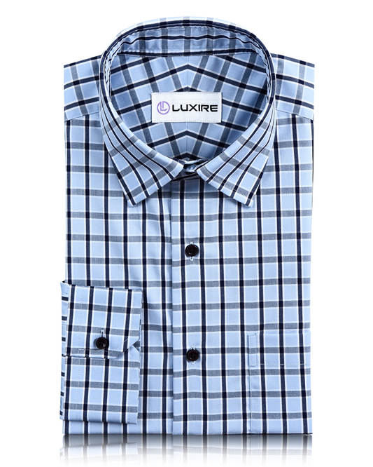 Front view of custom check shirts for men by Luxire blue navy checks