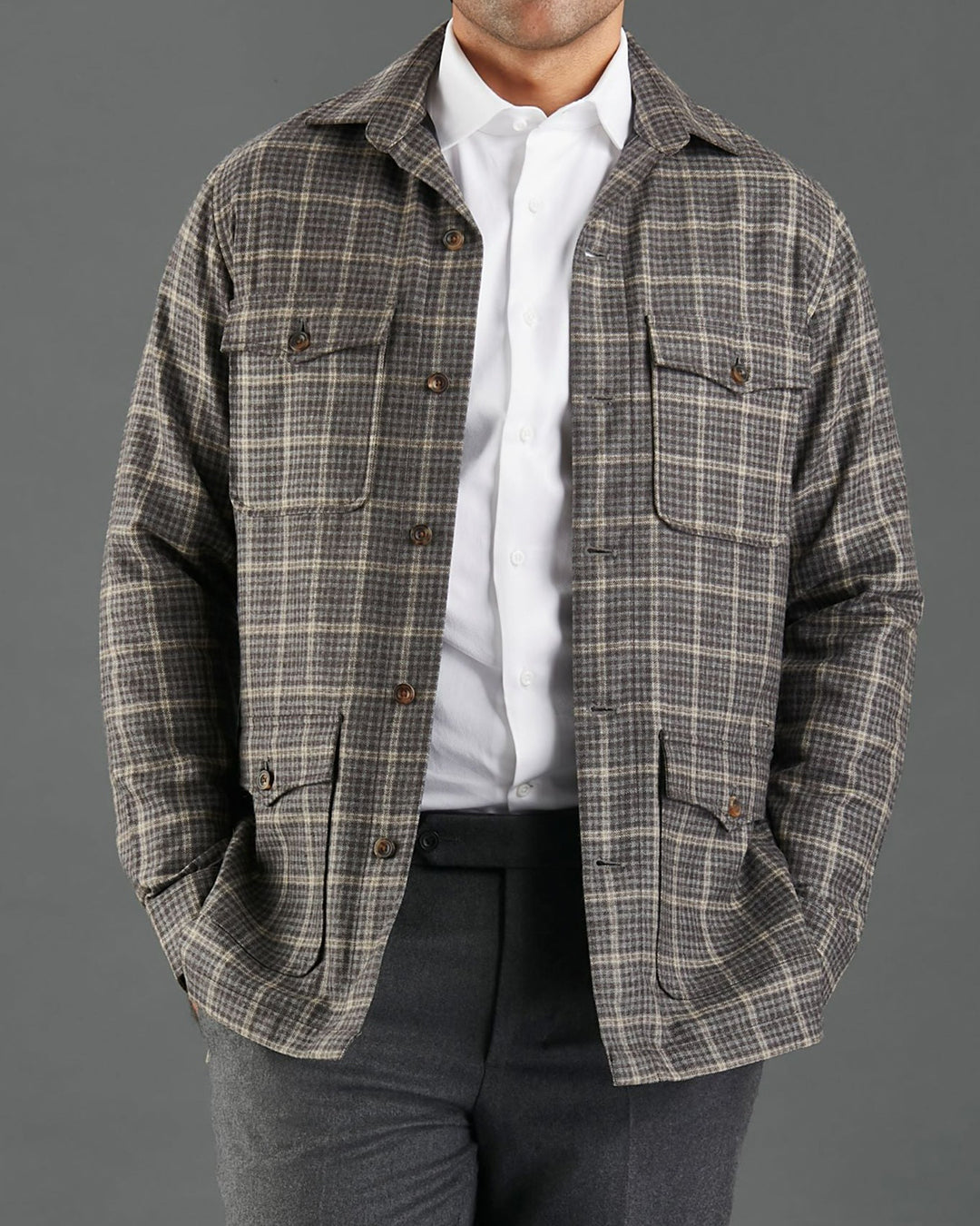 Loro Piana Brown and Grey Overchecks Shirt Jacket - 1