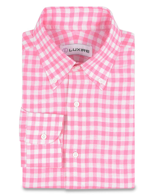 Front of the custom linen shirt for men in pink gingham by Luxire Clothing