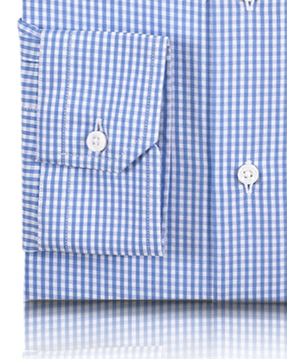 Front close cuff view of custom check shirts for men by Luxire sky blue gingham