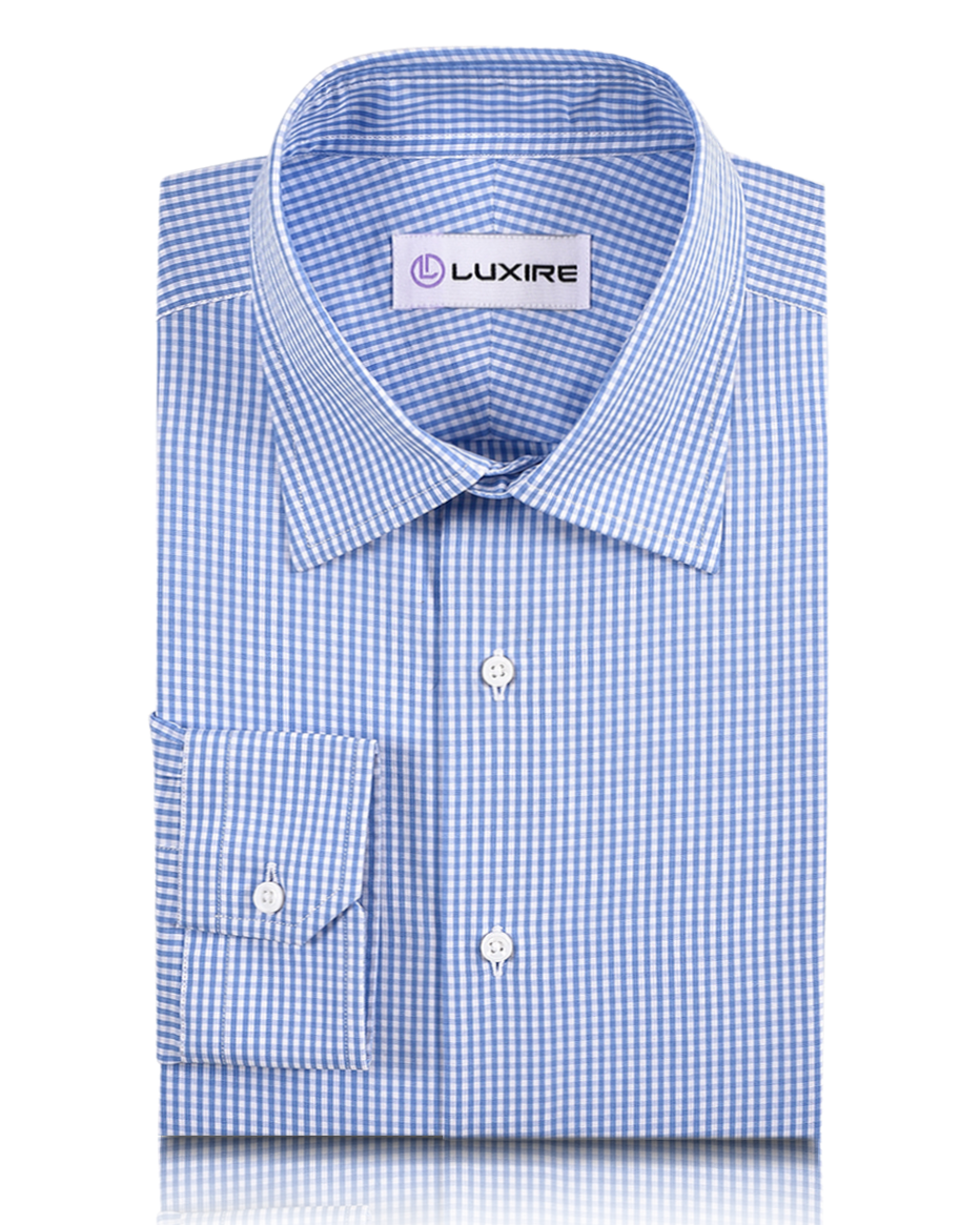Front view of custom check shirts for men by Luxire sky blue gingham