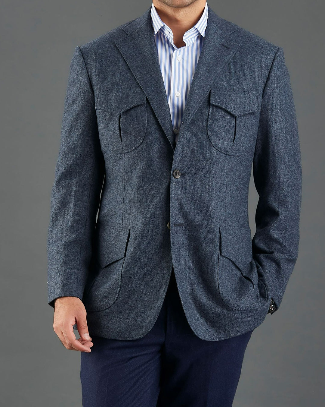 EThomas Prussian Blue Harringbone Jacket - 2