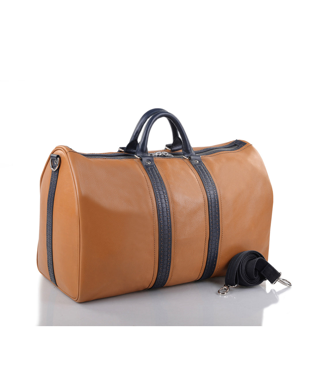 Leather Holdall Bag in Tan with Navy trim - 1