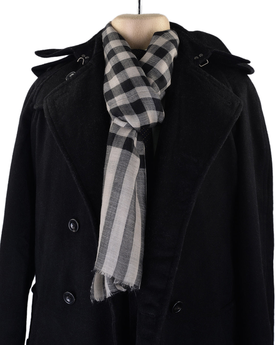 Pashmina Cashmere Wool Scarf Black Off-white Checks - 1