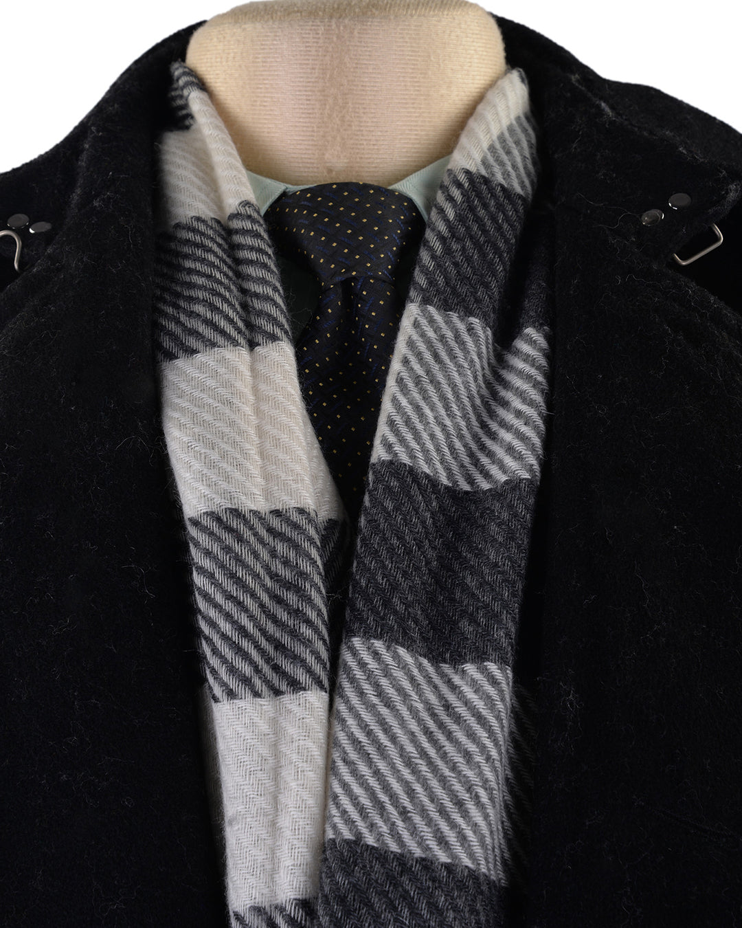 Cashmere Wool Scarf Black White Bold Checks Twill - 4