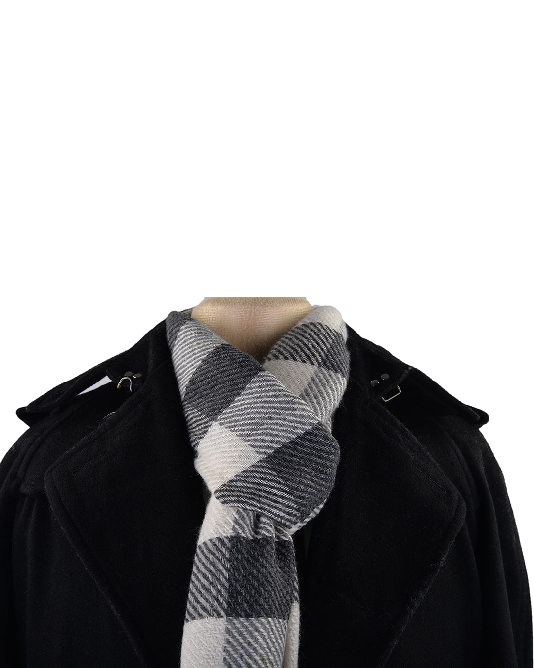 Cashmere Wool Scarf Black White Bold Checks Twill - 1