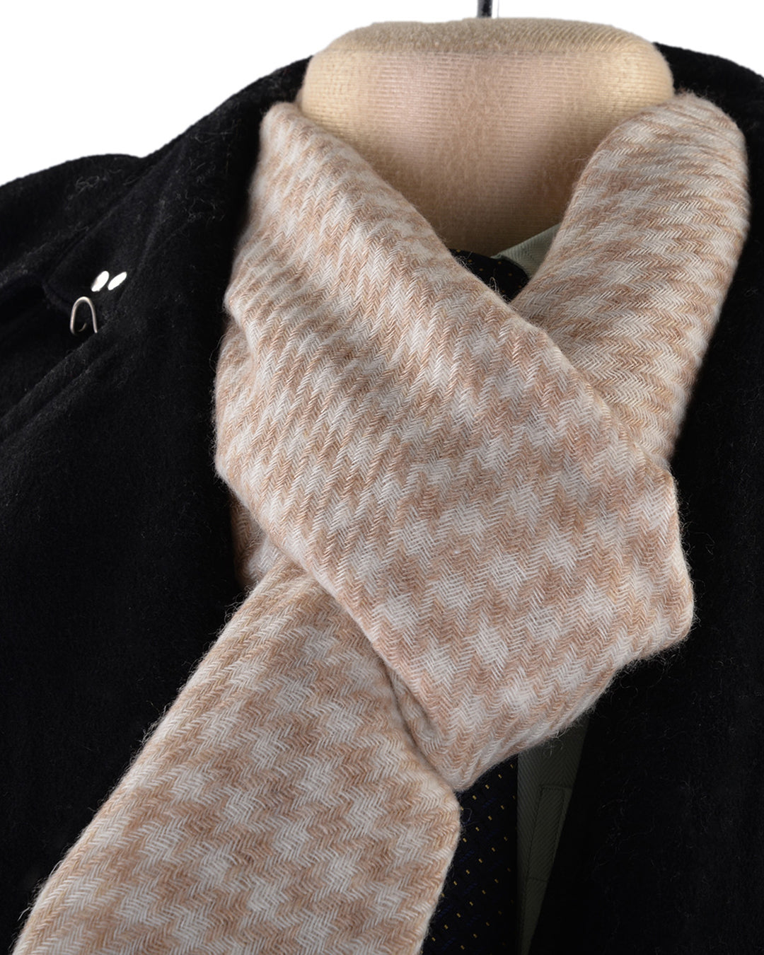 Cashmere Wool Scarf Tan Cream Checks Twill - 1