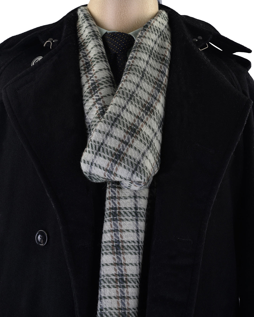 Cashmere Wool Scarf Green Navy Checks On Off White - 3
