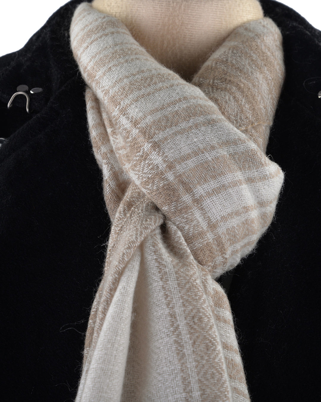 Cashmere Wool Scarf Fade Brown Cream Checks With Self Design - 1